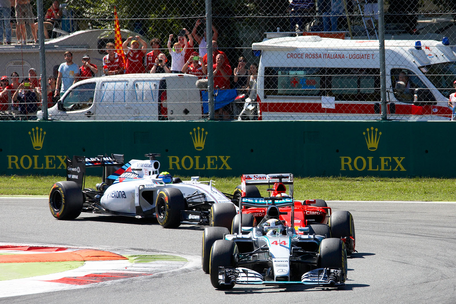 Start for the Italian Grand Prix, 2015, with Lewis Hamilton, Mercedes, in the lead ahead of Vettel and Massa