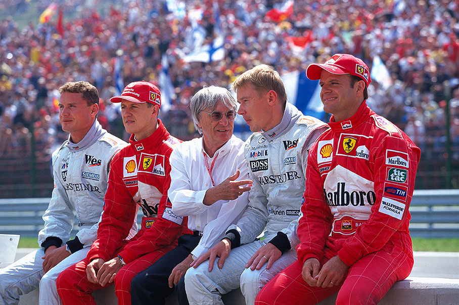 Hungarian GP 2000, Bernie Ecclestone and the four topdrivers of the season: David Coulthard (McLaren-Mercedes), Michael Schumacher (Ferrari), Mika Hakkinen (McLaren-Mercedes) and Rubens Barrichello (Ferrari)