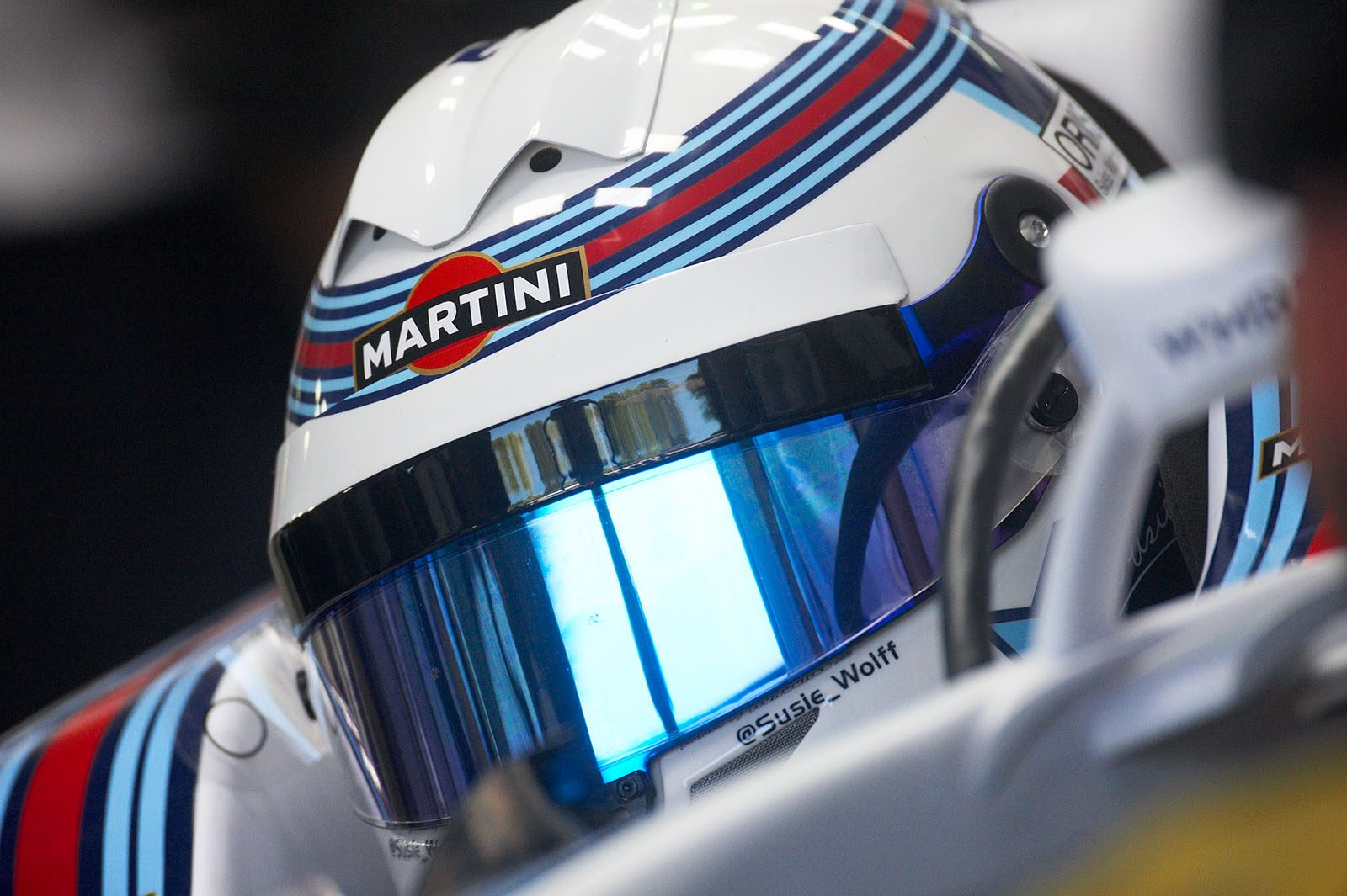 Susie Wolff, Williams test driver, ready for Friday morning practice session, Hockenheim, German Grand Prix, 2014