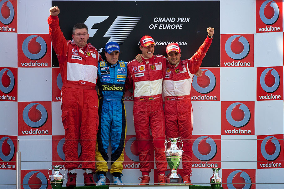 Ross Brawn, Fernando Alonso, Michael Schumacher and Felipe Massa