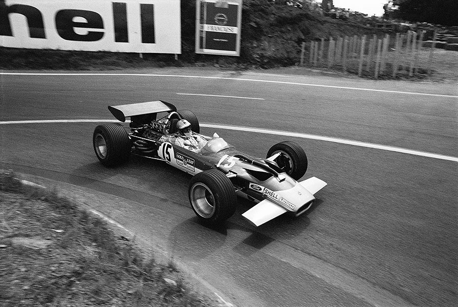 Jochen Rindt, Lotus Ford-Cosworth 49B, ran fourth early on but retired because the twisting circuit made him sick