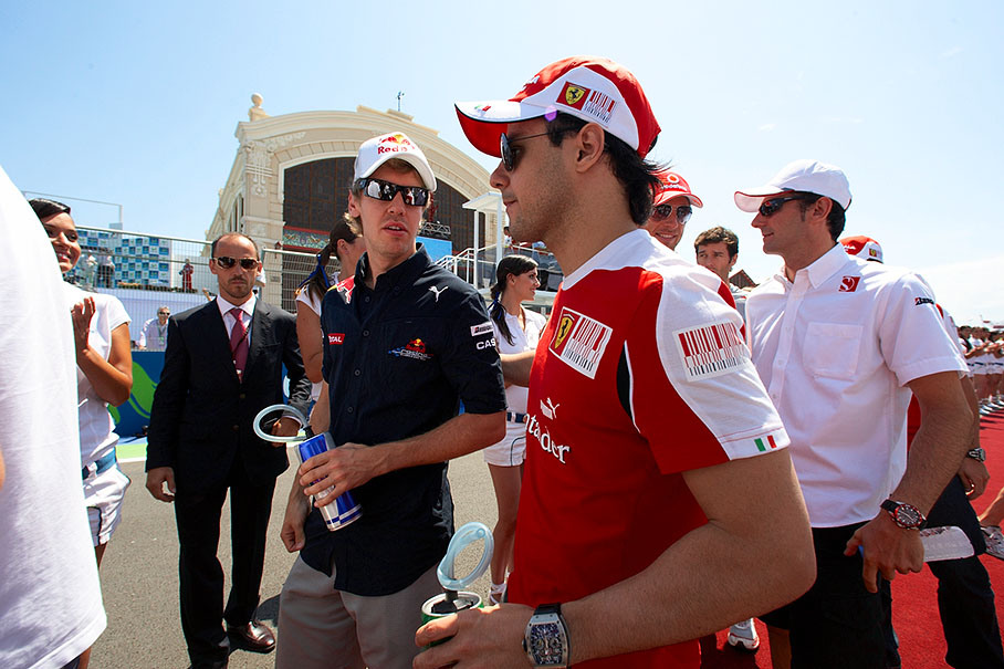 Sebastian Vettel and Felipe Massa Walk together to drivers parade