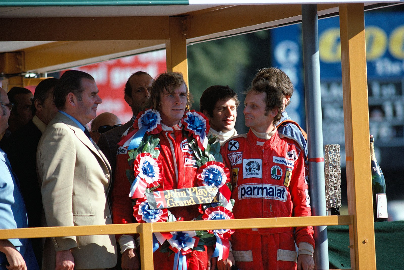 First and second of the British Grand Prix at Brands Hatch: Winner James Hunt, and Niki Lauda