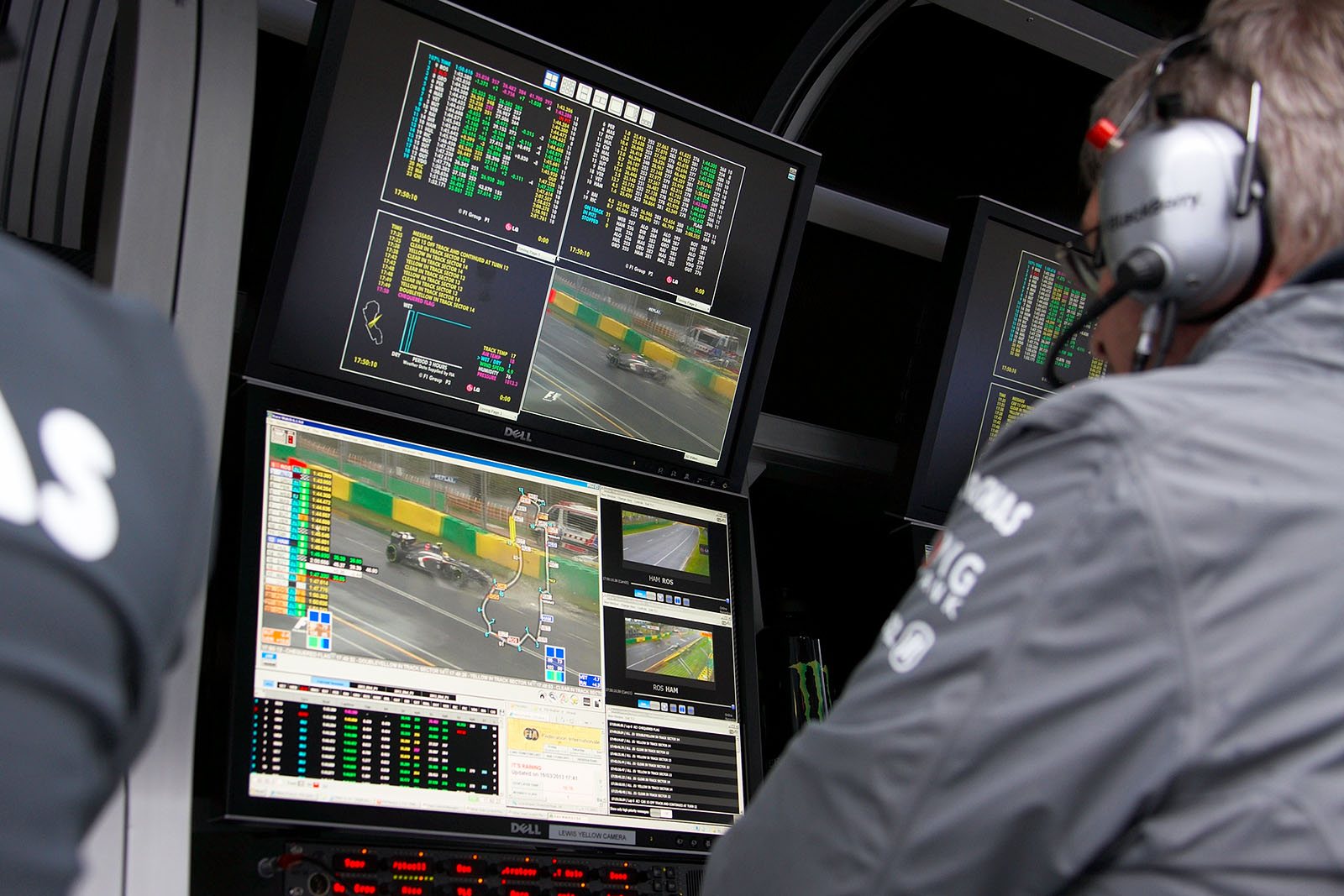 Mercedes GP team boss Ross Brawn watches the spin of Saubers Gutierrez on his screen