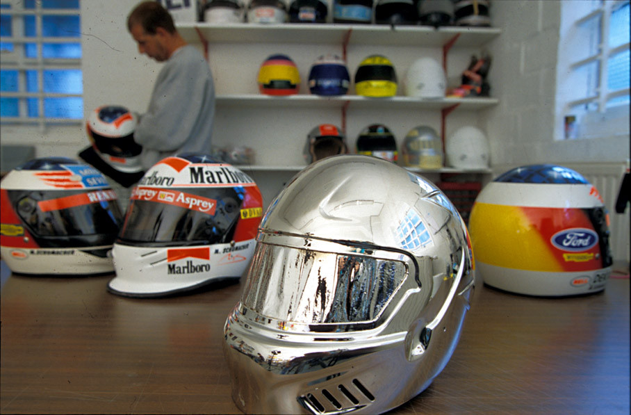 Peter Ginneken of BELL Helmets S.A. making the artwork of the 1998 Suzuka race helmet for Michael Schumacher