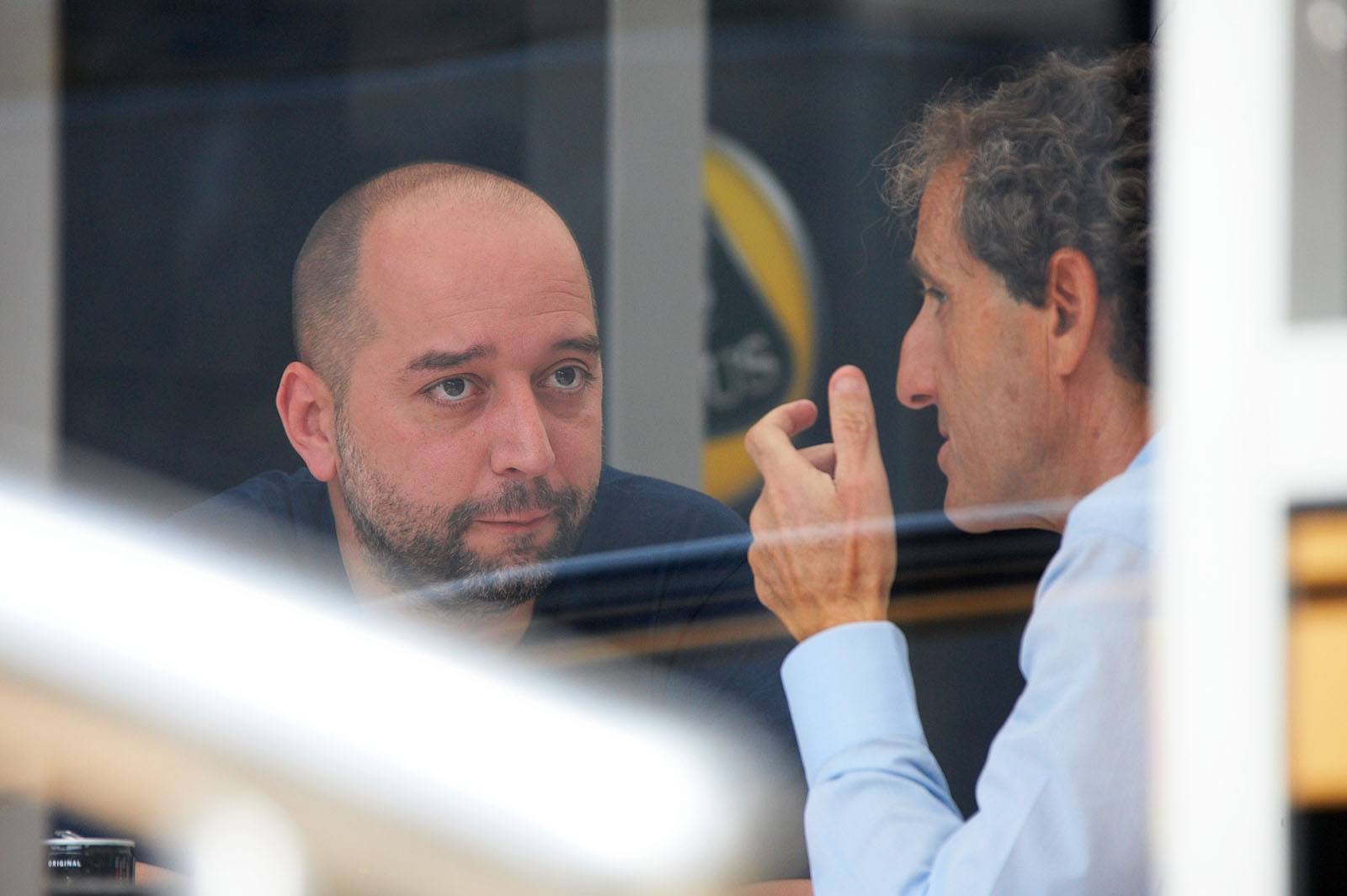 Gerard Lopez, Chairman of the Lotus F1 Team and Alain Prost, former 4-times Formula 1 World Champion in the 1980's and '90s with McLaren and Williams in the Lotus motorhome, Spanish Grand Prix, Barcelona, 2014