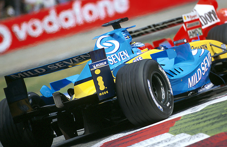 Fernando Alonso of Renault sticking at Michaels rear wing