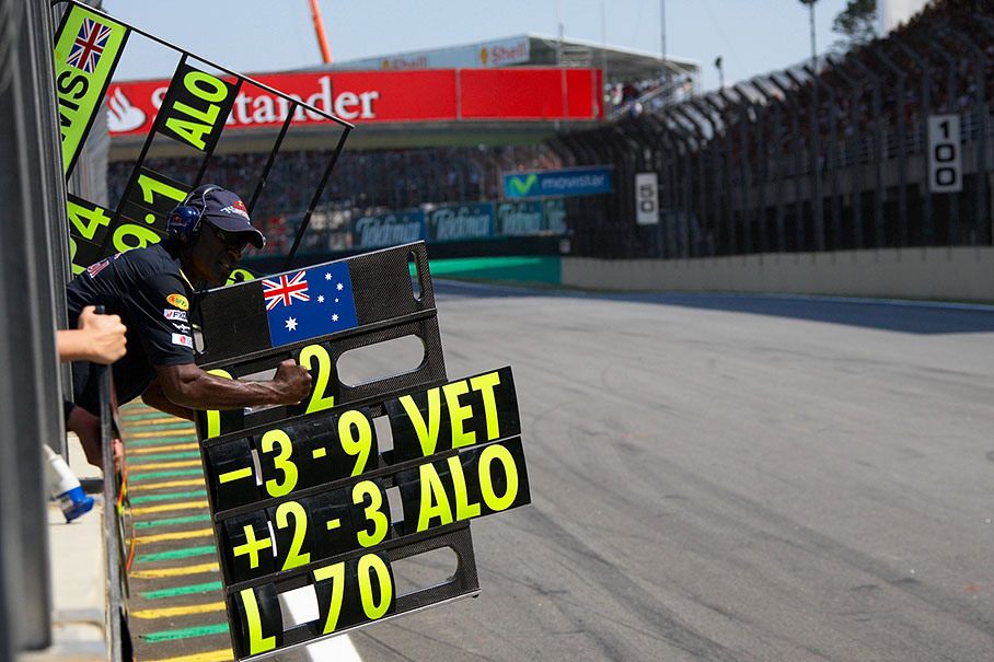 Webber's physio shows the pit board with emotions