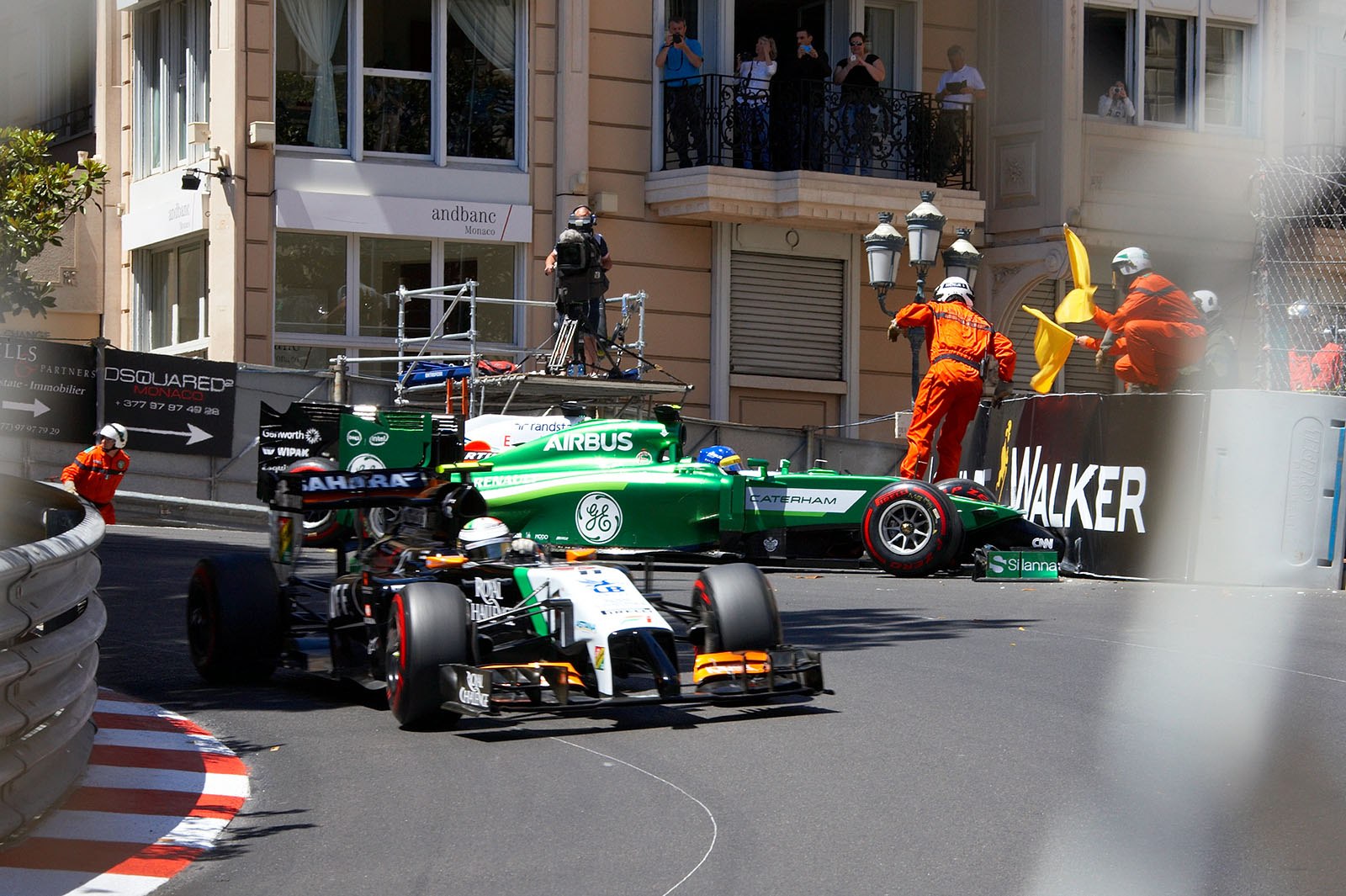 Perez (Force India) drives through, while Caterham driver, Swede Marcus Ericsson, has misjudged his passing manoeuvre, and hit the crash barrier at Mirabeau, pushing Massa out of qualifying