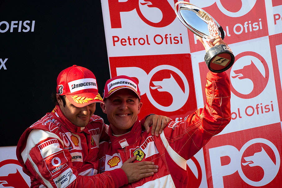 Team mates on the podium - Winner Massa and third placed Schumacher