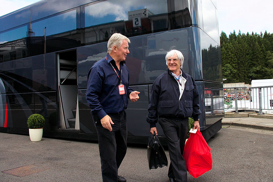 Bernie Ecclestone leaves his motorhome on Sunday after the race
