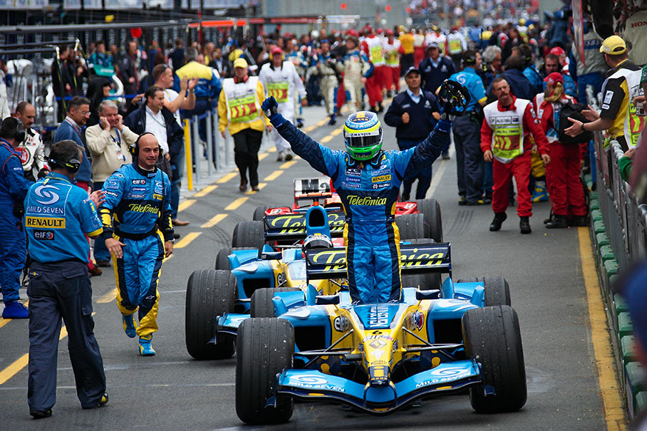 Very happy Giancarlo Fisichella approching parc ferme after his victory