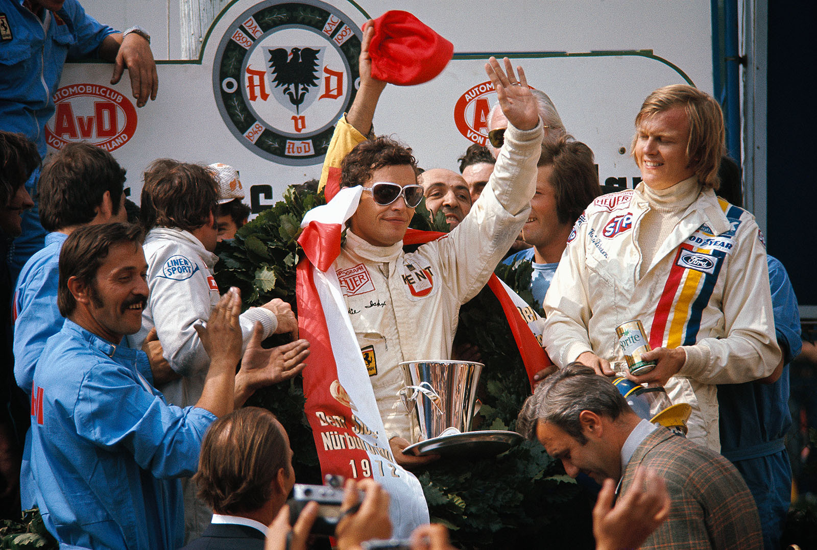 Winner Jacky Ickx, 2nd Clay Regazzoni, giving Ferrari a 1-2 finish and 3rd Ronnie Peterson of March