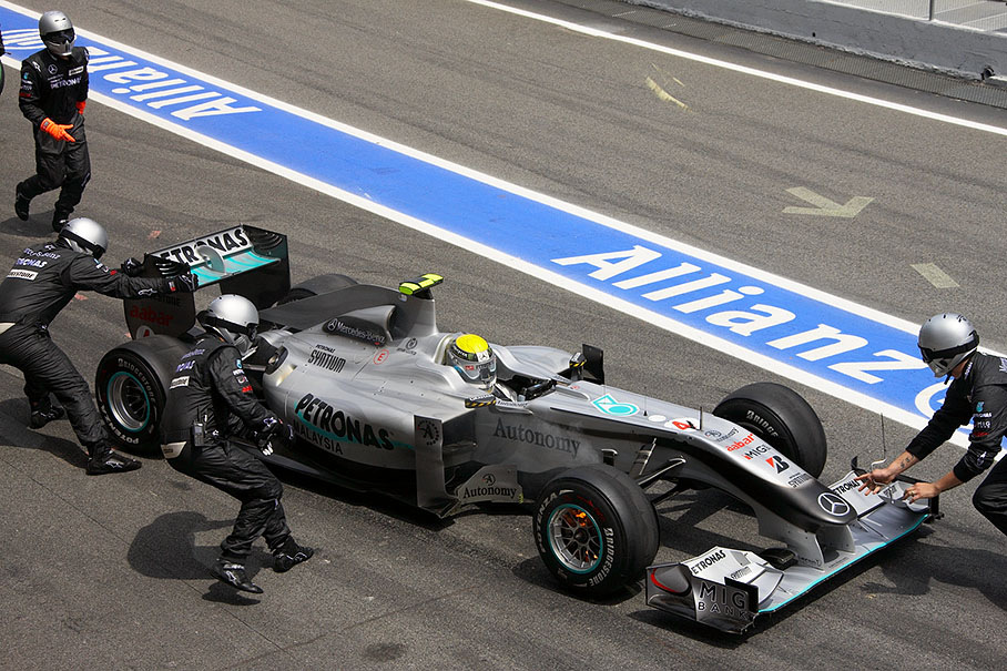 After his stop at Mercedes GP pits, Nico Rosberg's front right brake disk catches fire because the wheel was not mounted correctly