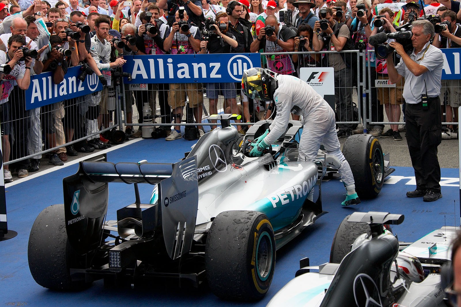 Race winner Nico Rosberg had just arrived at parc ferme, Hockenheim, German Grand Prix, 2014