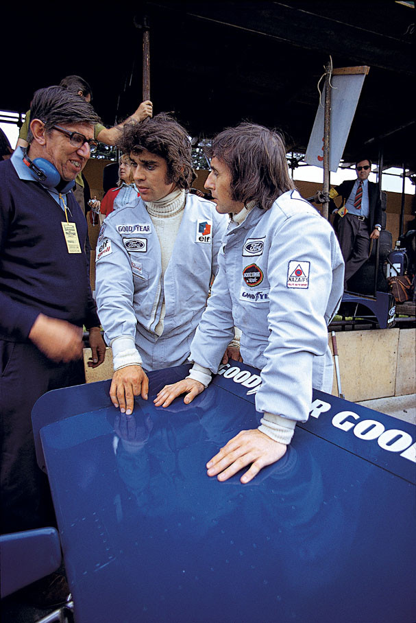 Team principal Ken Tyrrell at pits with 'his' drivers Francois Cevert and Jackie Stewart