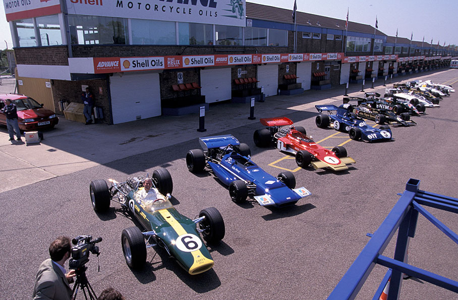 30 years of Cosworth engines being entered in Formula 1. Front: Lotus 49 from 1967, behind the Tyrrell from 1970, then the Lotus from 1971, the Tyrrell from 1973, Lotus from 1977, Tyrrell from 1983, Brabham from 1981, Lotus from 1983, the Williams from 1983 and the Stewart from 1999.