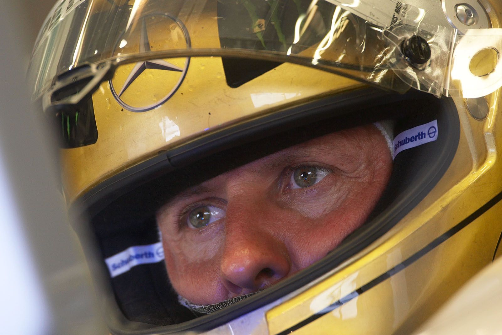 Michael Schumacher, Mercedes GP, celebrates his 20th year in Formula One with a new helmet design