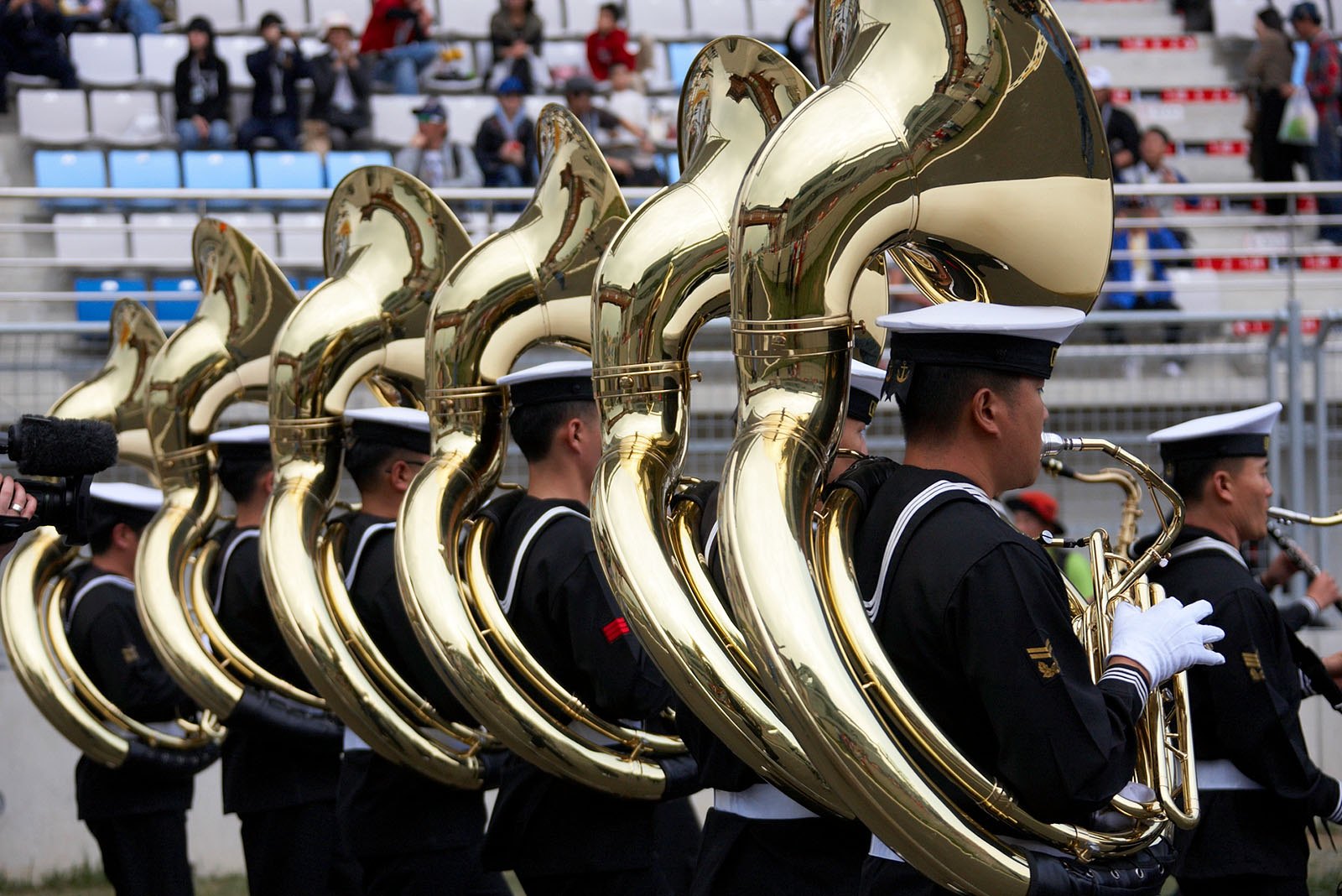 Shiny sousaphones of the Navy orchestra
