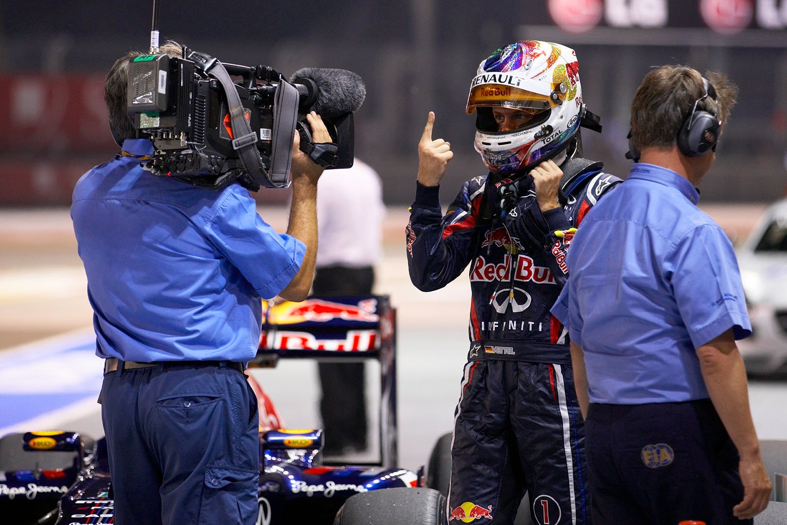 Polesitter Sebastian Vettel, Red Bull Racing, celebrates in parc ferme after qualifying
