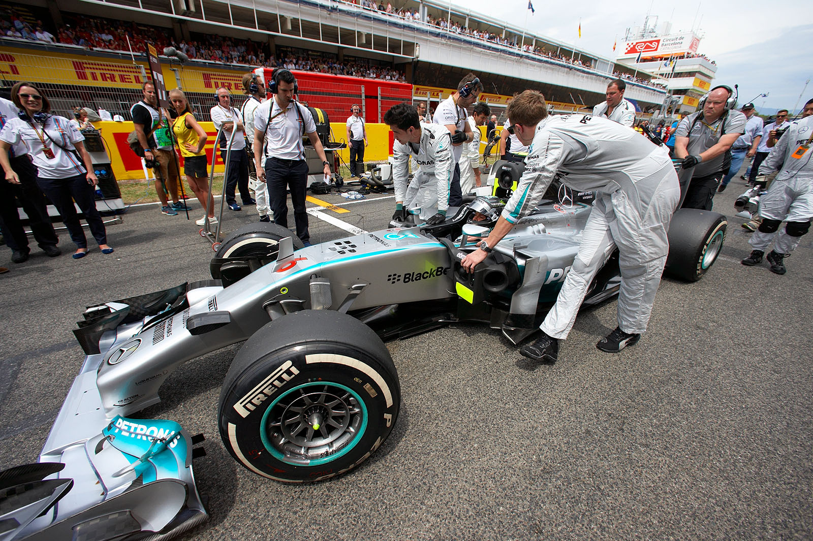 Nico Rosberg, Mercedes, being pushed to his grid position, Spanish Grand Prix, Barcelona, 2014