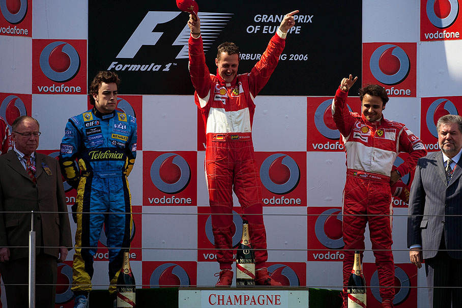 Fernando Alonso, Michael Schumacher and Felipe Massa