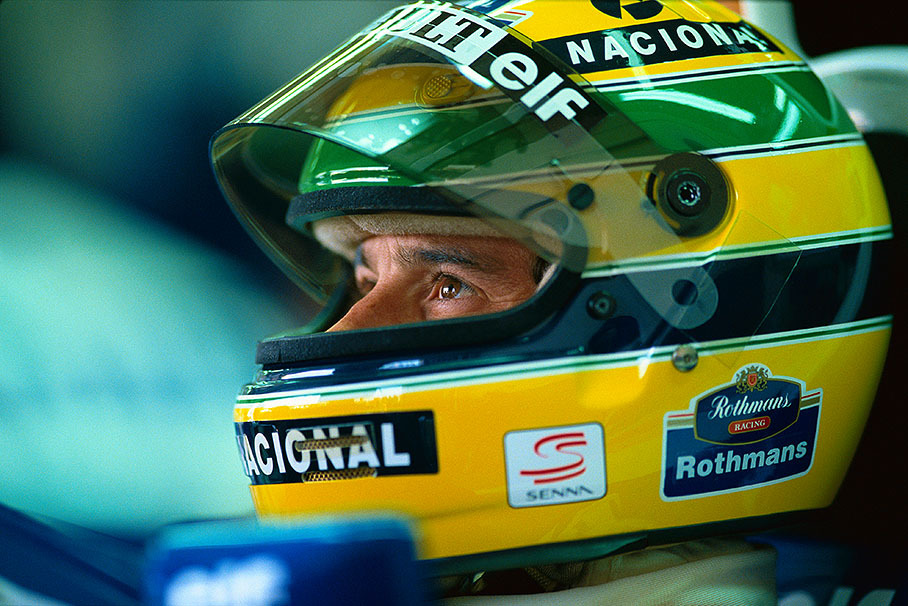 Brazilian Aryton Senna in his Williams cockpit during Sunday morning warm-up, GP Imola 1994