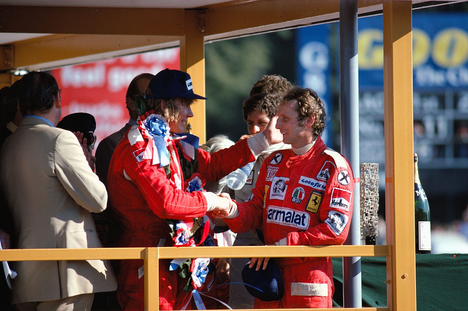 First and second of the British Grand Prix at Brands Hatch: Winner James Hunt, and Niki Lauda