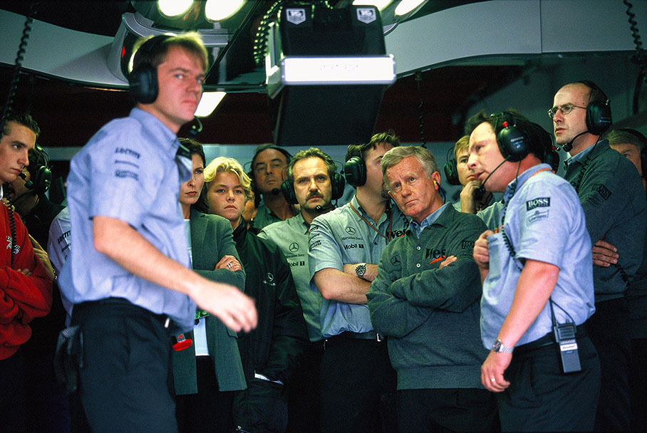 Nico Rosberg, son of former Word Champion Keke Rosberg, and Erja Hakkinen in the McLaren-Mercedes pits