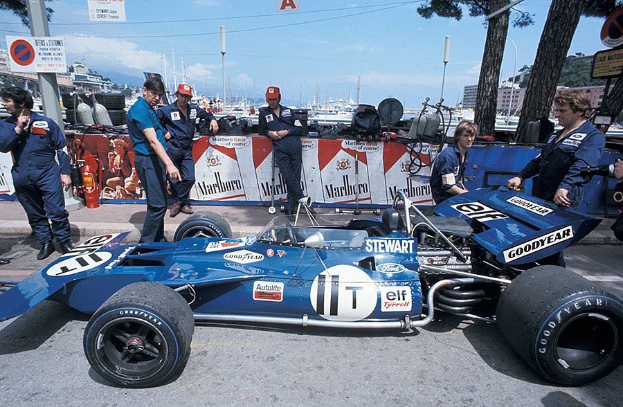 Ken Tyrrell prepares Jackie Stewart's victorious Tyrrell-Cosworth 003 for the Monaco GP 1971