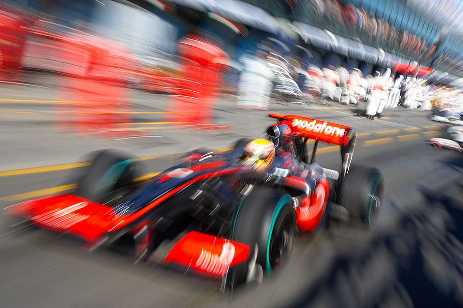 Lewis Hamilton brings the McLaren-Mercedes to track for the first qualifying session