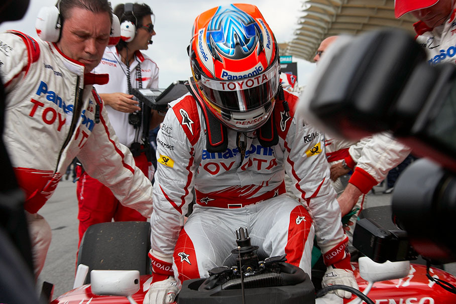 Timo Glock climbs out of the Toyota at third grid place
