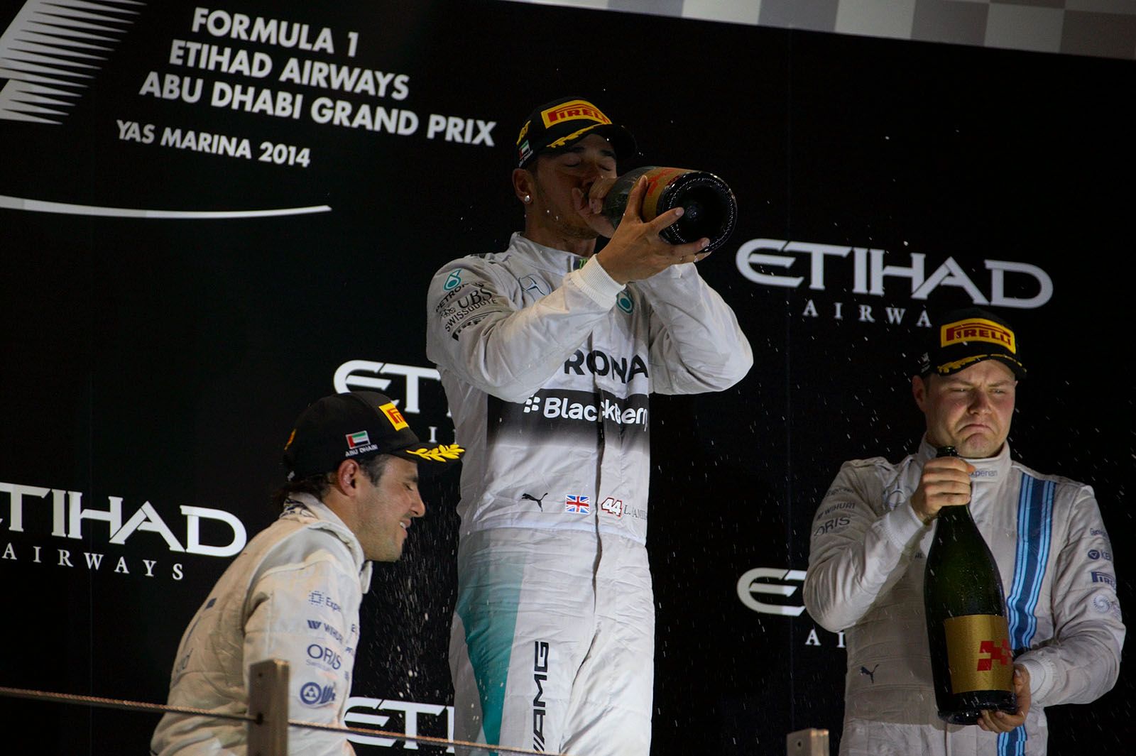 Champagne? No! Race winner Lewis Hamilton, Abu Dhabi Grand Prix, 2014