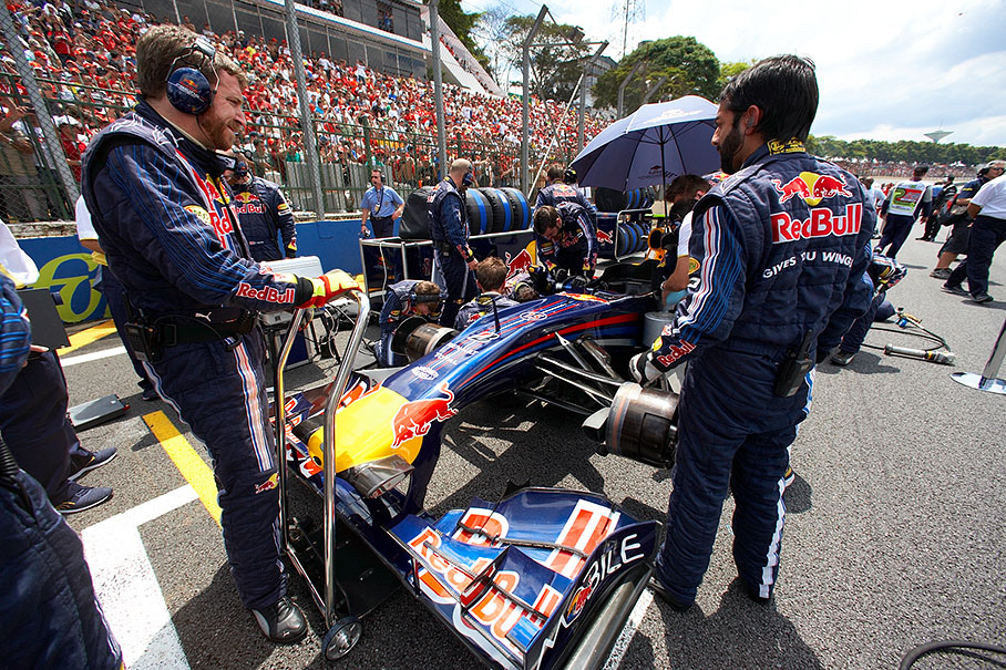 Vettel's Red Bull-Renault is being prepared at an unusual 16th grid position