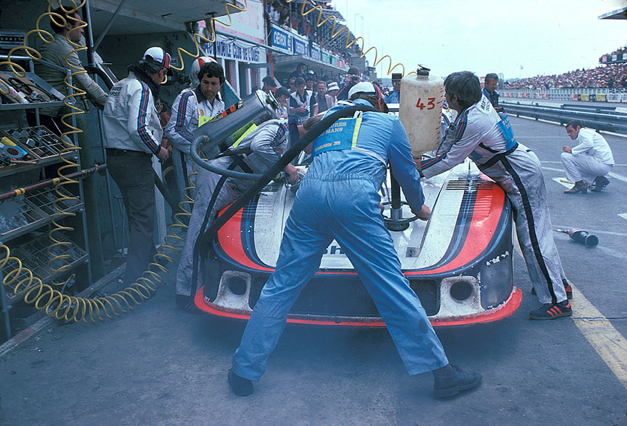 Martini Racing Porsche System's Porsche 935/78 (Type-3.2L Turbo Flat-6) #43 driven by Manfred Schurti and Rolf Stommelen