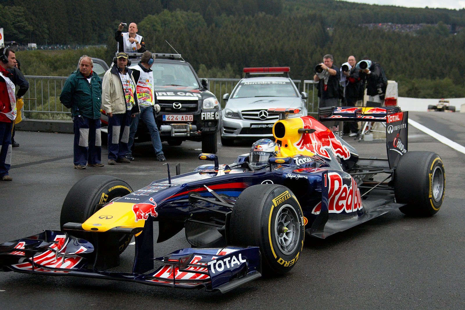 Polesetter Sebastian Vettel, Red Bull Racing, arrives at parc ferme