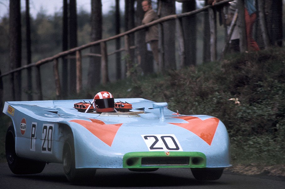 Jo Siffert (CH) jumps with the Porsche 908/03 #010 of J. W. Automotive Engineering