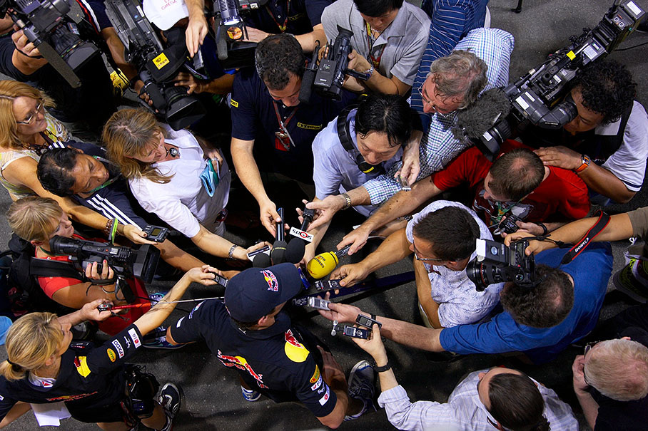 Mark Webber, Red Bull Racing, answers questions after a disappointing fifth qualifying position