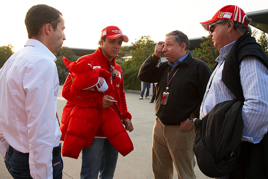 Massa's manager Nicolas Todt, Ferrari's Felipe Massa, Ferrari legend Jean Todt and Papa Luiz Antonio Massa