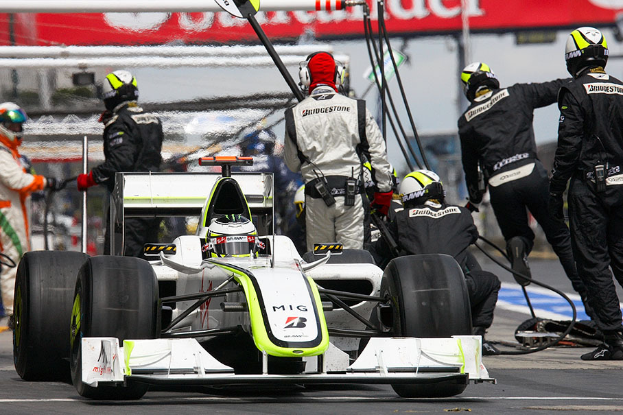 Jenson Button, Brawn Grand Prix, finishes his pit stop