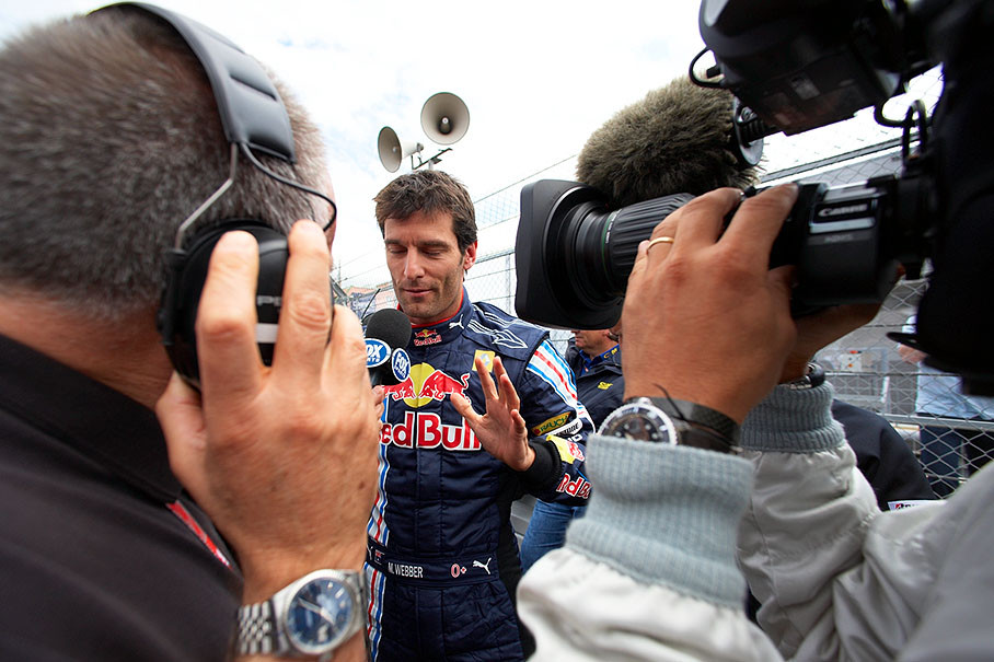 Polesitter Mark Webber is being interviewed by Peter Windsor
