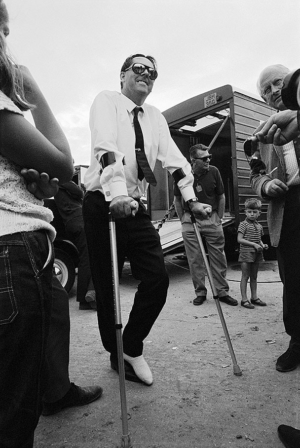 British Grand Prix, Silverstone 1969: Jack Brabham attends the race as a guest as he is still out of action with a broken ankle, suffered in a testing crash three weeks ago