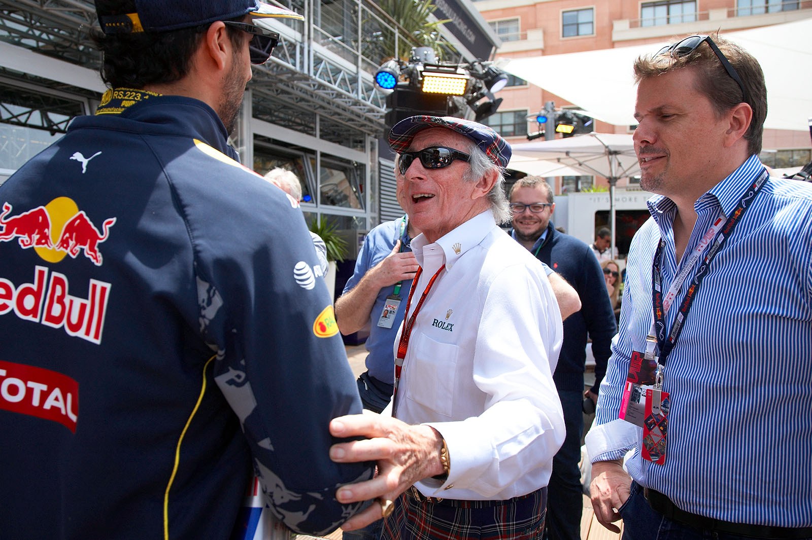Meeting at the Red Bull Energy Station: Jackie Stewart, his son Mark and driver Daniel Ricciardo, Monte Carlo Grand Prix, 2016
