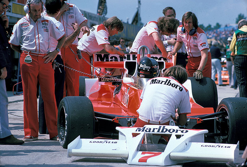 James Hunt's McLaren-Cosworth is prepared for the British GP Brands Hatch 1978