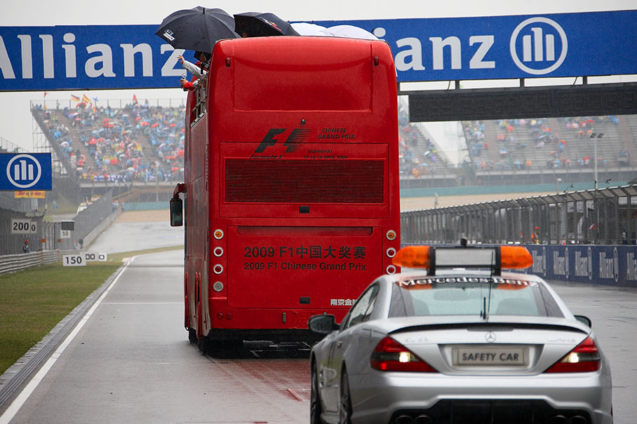 A red double-deck bus is used for the drivers parade