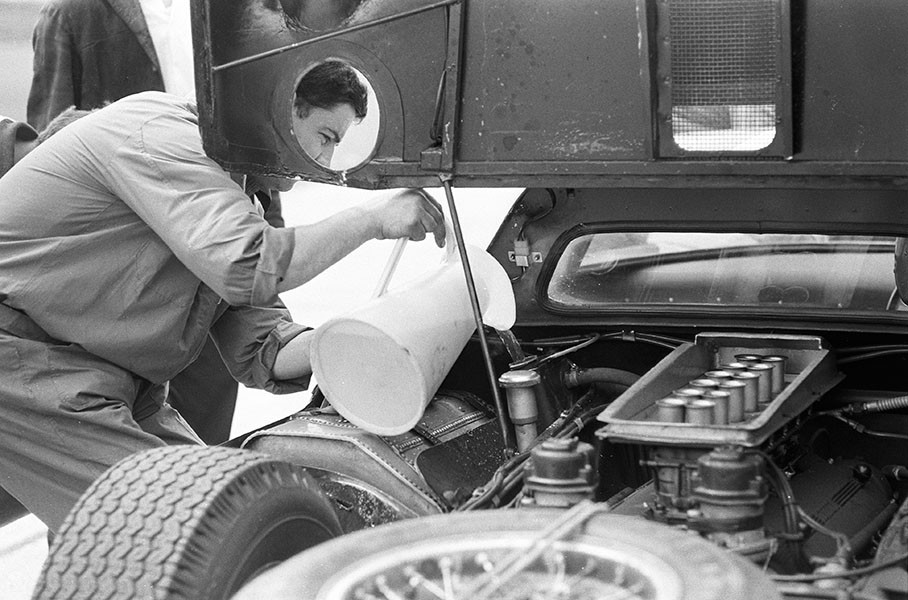 Cooler water refill of a 12-cylinder Ferrari