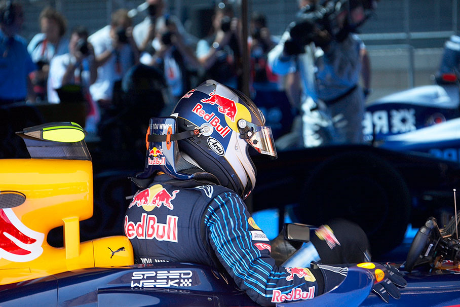 Polesetter Sebastian Vettel arrives in parc ferme after Q3