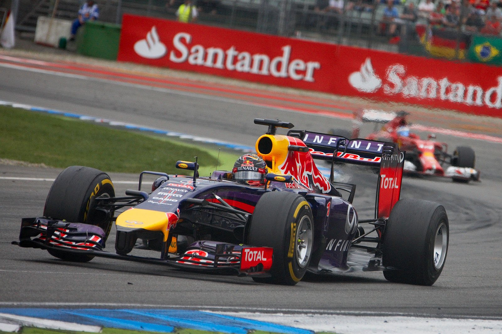 Sebastian Vettel, Red Bull-Renault, in front of Alonso's Ferrari, Hockenheim, German Grand Prix, 2014