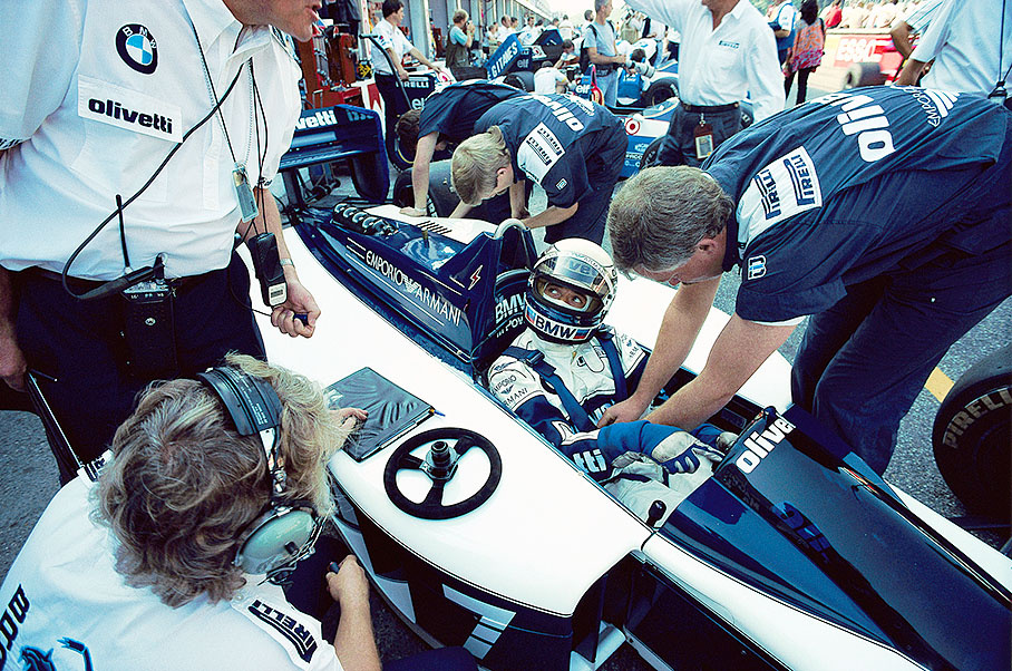 Riccardo Patrese's 1.5 t/c Brabham BT55-BMW 4 is being prepared for the race
