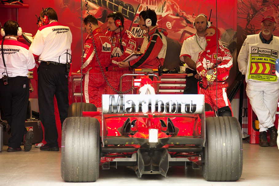 Ferrari pit after retirement of  Michael Schumacher - now wathing the race with his engieers on TV